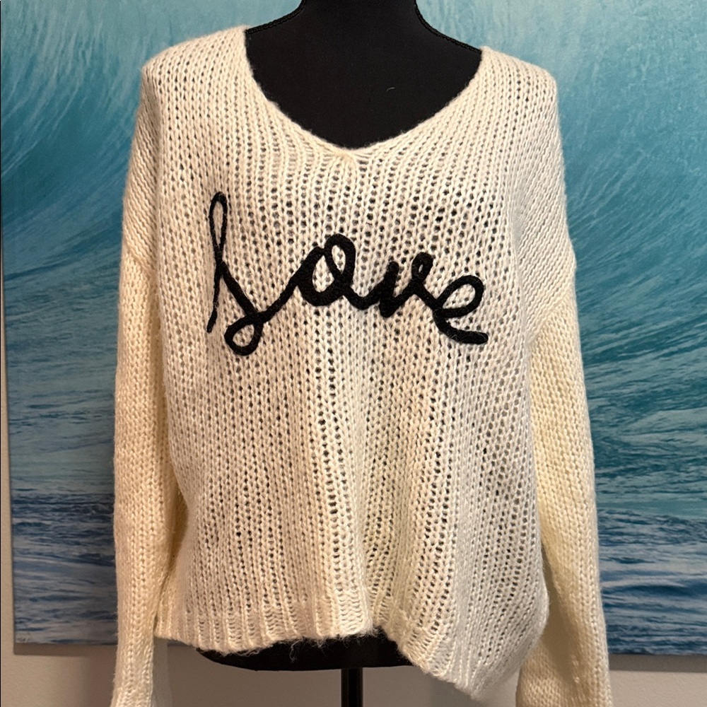 Elan Cozy Cream Sweater with Black Love Script